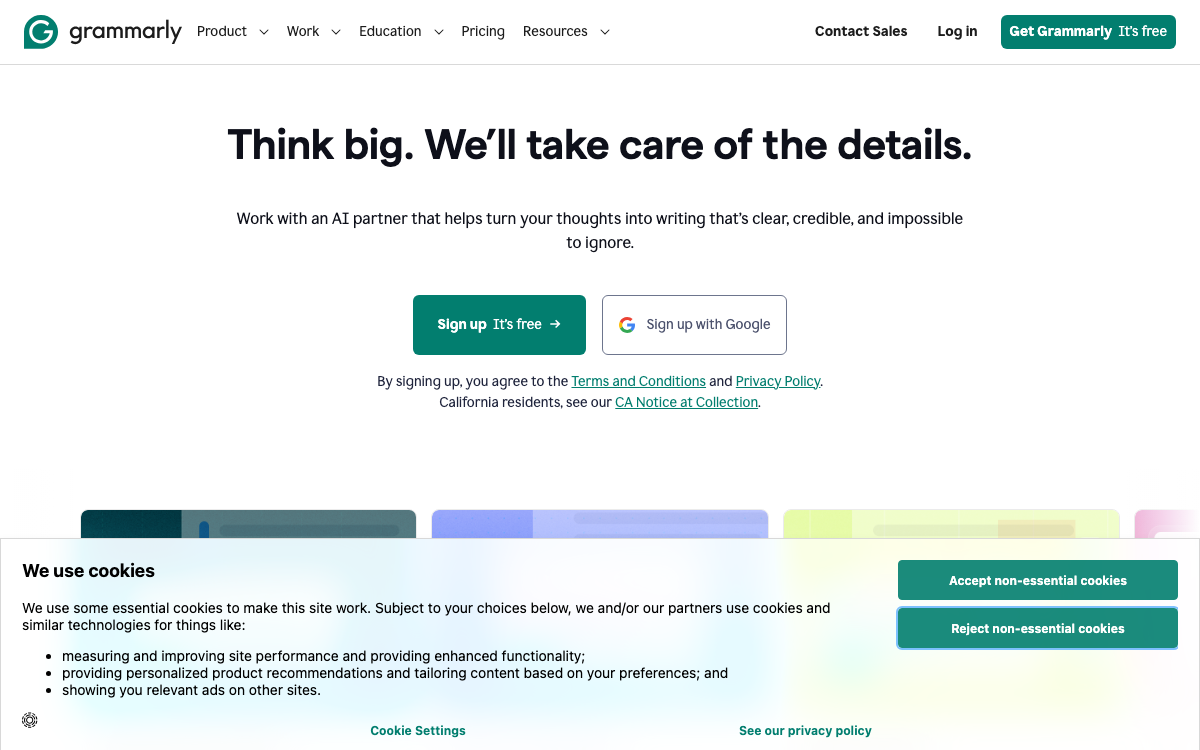 Grammarly's homepage. The logo and wordmark are unmistakable even though the registry is redacted and the site sits behind a CDN.