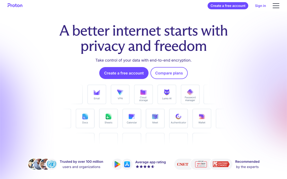 Proton's homepage. The wordmark and product identity are clear on the page, even though the WHOIS record is redacted.